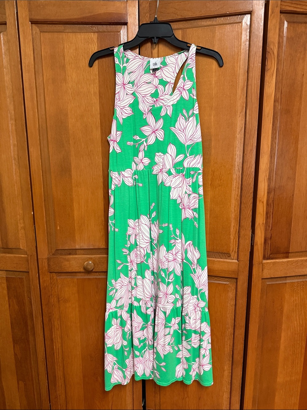 CAbi Green Floral Sleeveless Maxi Dress with Pink & White Blooms
